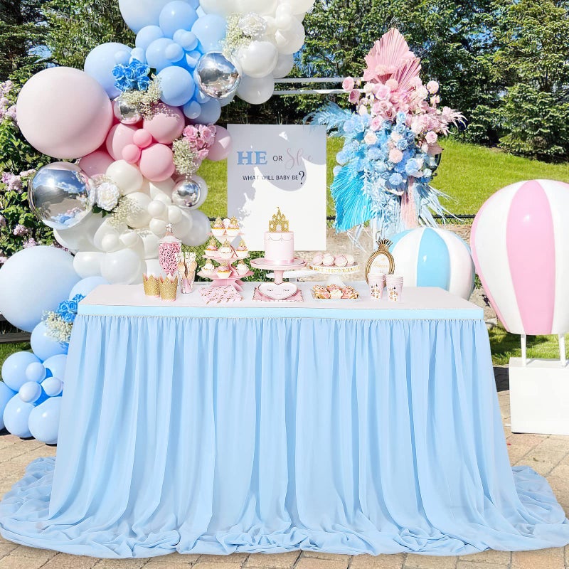 QueenDream Baby Blue Table Skirt for Birthday Party14ft Rectangle or Round Chiffon Table Skirt for Boy Gender Birthday Mermaid Theme Party Decoration - Image 1